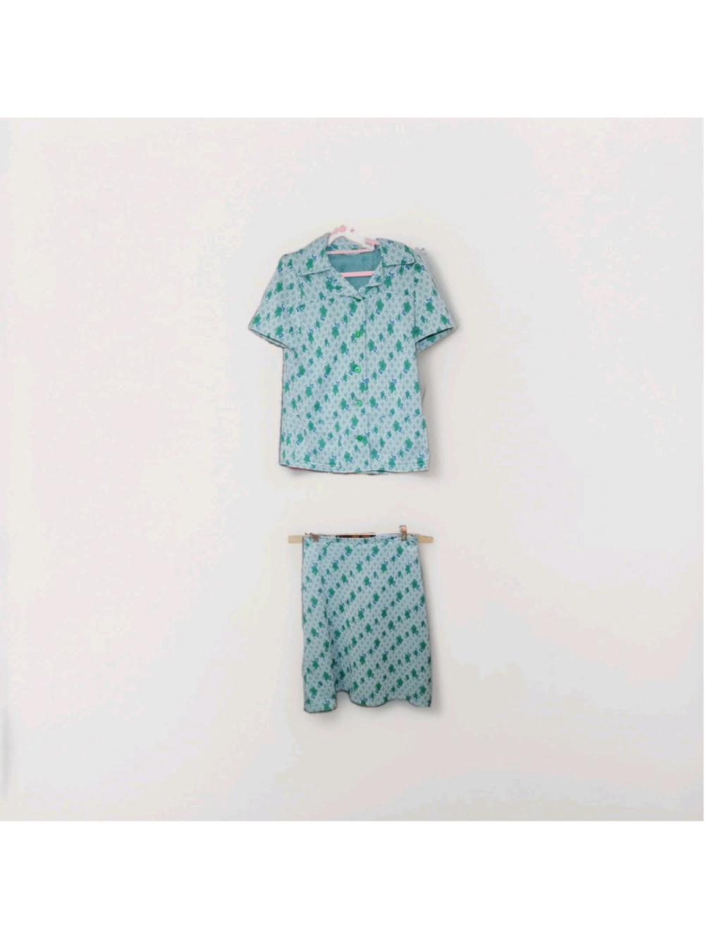Vintage Handmade 2 Piece Skirt Set Floral Knit Mod Cottagecore Green Blue